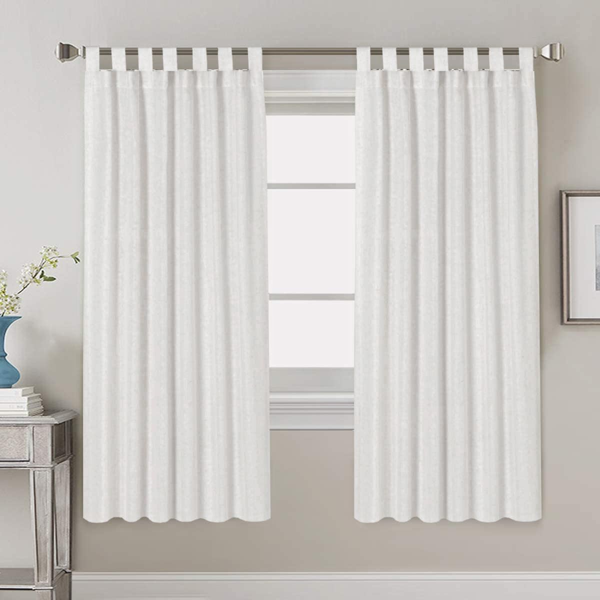 PrimeBeau Natural Linen Mix Tab Top Curtains, Light Filtering Panels (Set of 2)