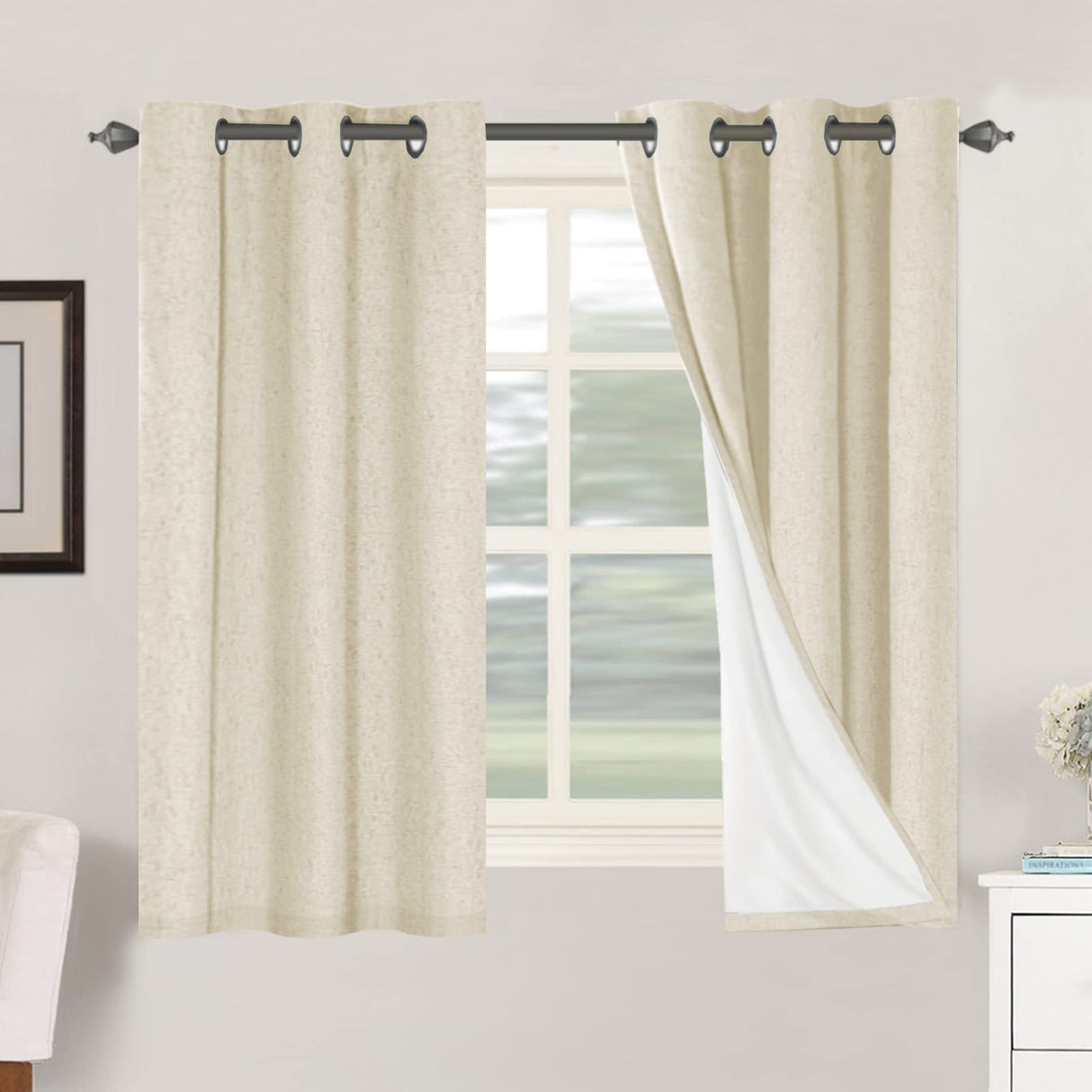 H.Versailtex Linen Blackout Thermal Insulated White Liner Grommet Top Small Window Curtains