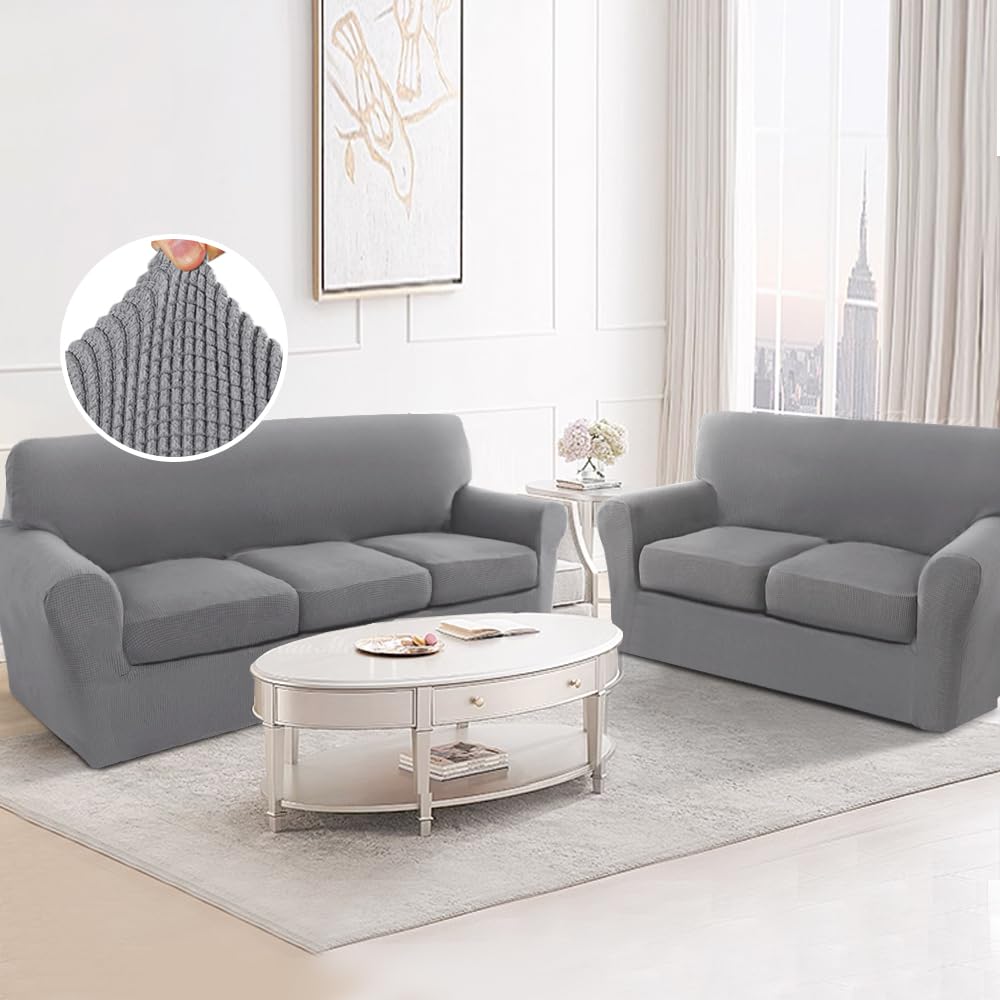 PrimeBeau Couch Cover Sets for Sofa Plus Loveseat, Stretch 4 Piece Sofa Covers for 3 Cushion Couch/3 Piece Loveseat Covers for 2 Cushion Couch with Thicker Jacquard Fabric(Total 7 Pieces)
