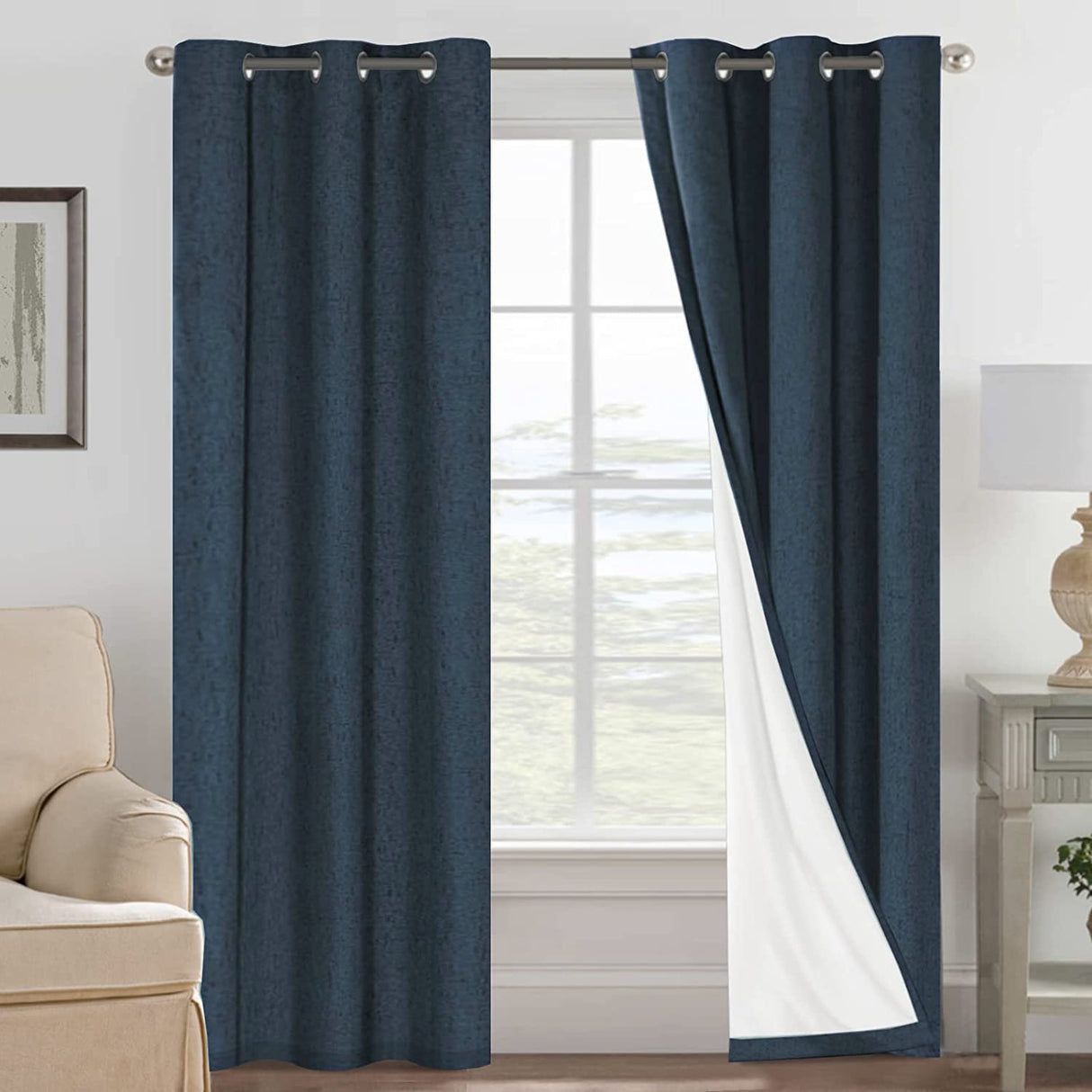 H.VERSAILTEX Primitive Linen Curtains 100% Blackout Curtain Drapes Burlap Fabric Curtains with White Thermal Insulated Liner, Grommet Top Curtains Living Room/Bedroom (2 Panels, 42 x 84 Inch, Navy)
