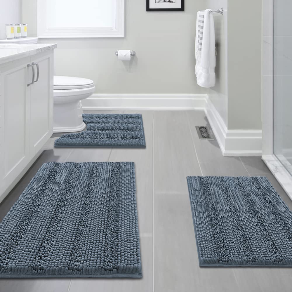 PrimeBeau 3 Piece Thick Striped Bathroom Rugs Set Non Slip Absorbent Soft Bath Mat (17''x24''+20''x32''+20''x24'' U-Shaped)