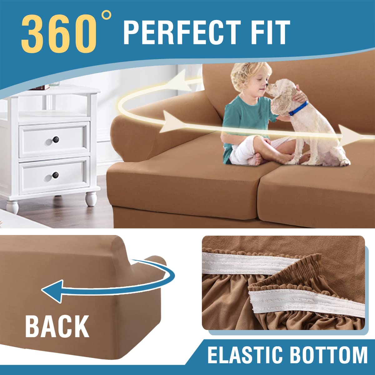 PrimeBeau 4 Pieces T Cushion Sofa Slipcovers Couch Cover for 3 Cushion Couch Non Slip Super Stretch Soft Washable Furniture Protector with 3 Individual T Cushion Covers