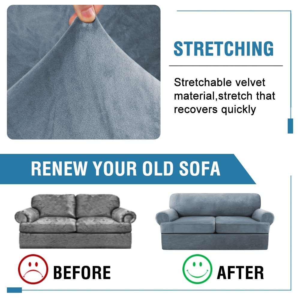 PrimeBeau Sofa Cover 3 Pieces T Cushion Loveseat Slipcovers Thick Velvet Couch Cover Furniture Protector Stretch T Cushion Sofa Covers for 2 Cushion Couch with 2 T Cushion Covers Washable