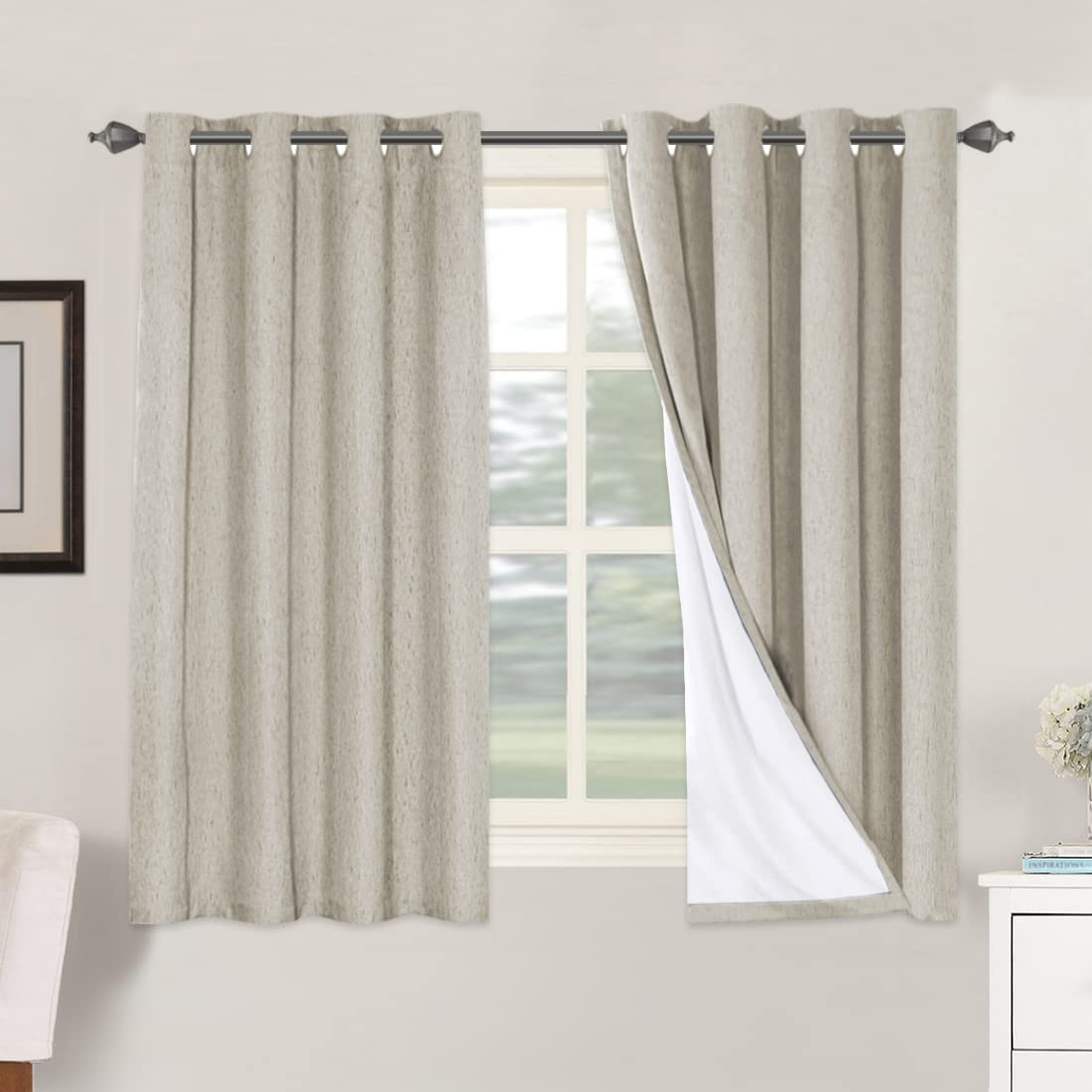 PrimeBeau 100% Blackout Linen Mixed Curtains, set of 2 Panels, 52 Series Short