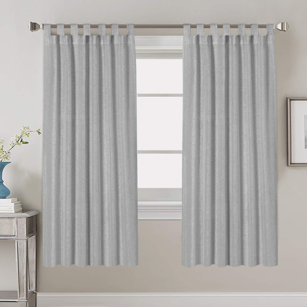 PrimeBeau Natural Linen Mix Tab Top Curtains, Light Filtering Panels (Set of 2)