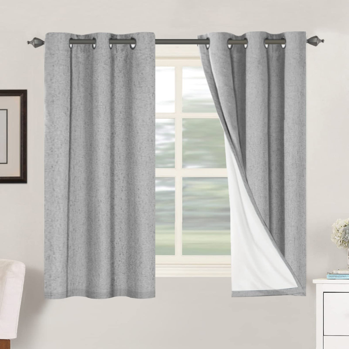 H.Versailtex Linen Blackout Thermal Insulated White Liner Grommet Top Small Window Curtains