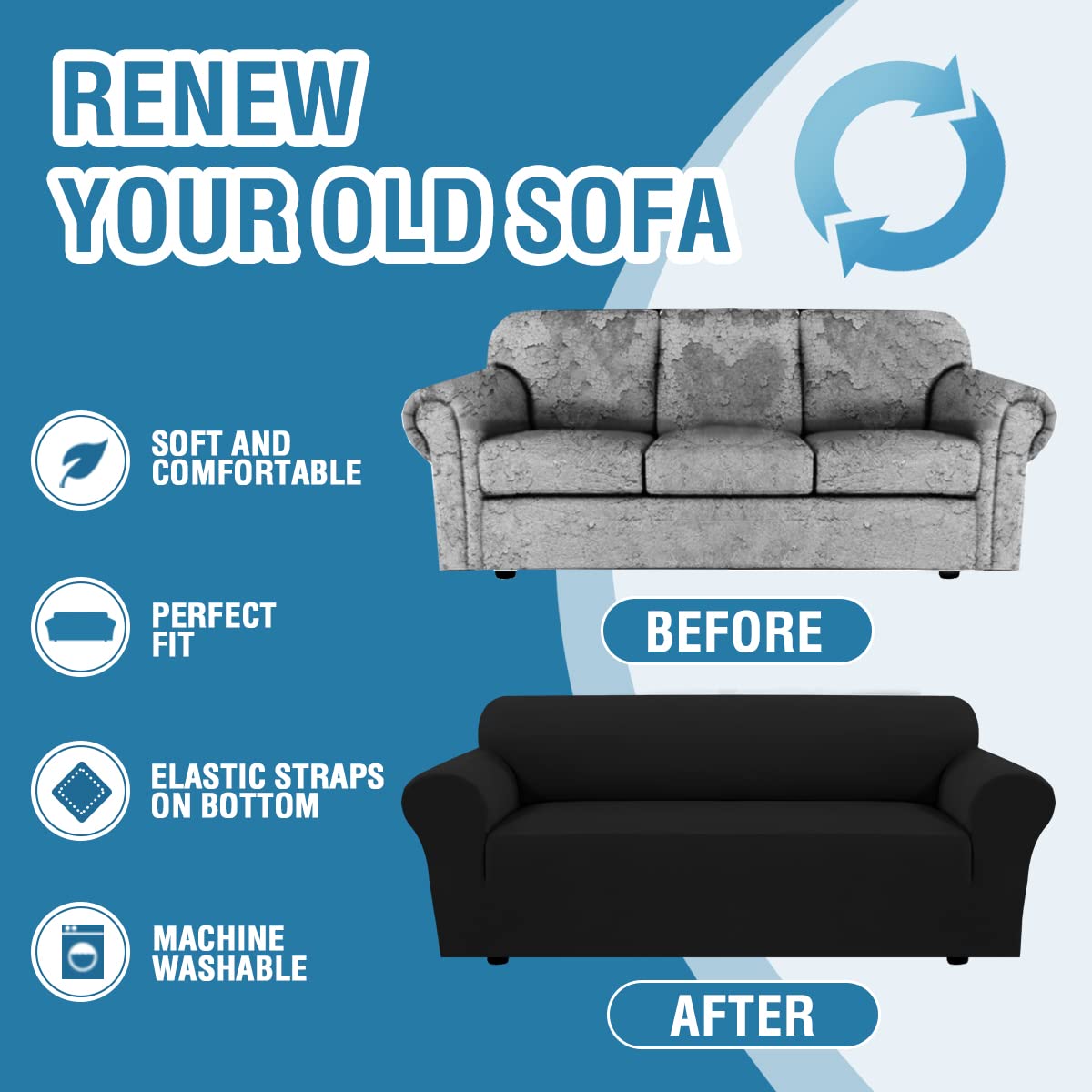 PrimeBeau 2023 Version Sofa Cover 1-Piece Stretch Couch Covers for 3 and 4 Cushions Couch Sofa Cover Spandex Non Slip Soft Form Fit Furniture Protector with Elastic Bottom