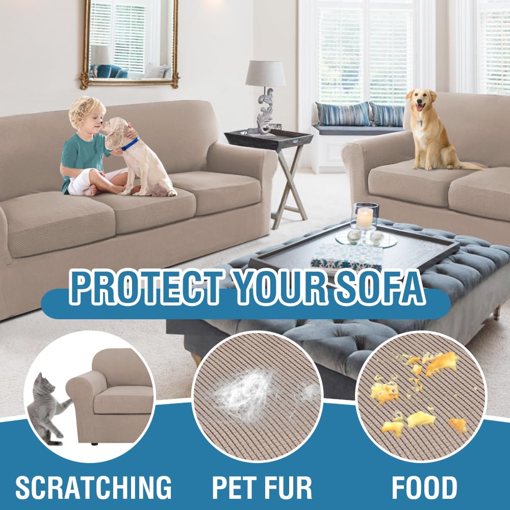 PrimeBeau Couch Cover Sets for Sofa Plus Loveseat, Stretch 4 Piece Sofa Covers for 3 Cushion Couch/3 Piece Loveseat Covers for 2 Cushion Couch with Thicker Jacquard Fabric(Total 7 Pieces)