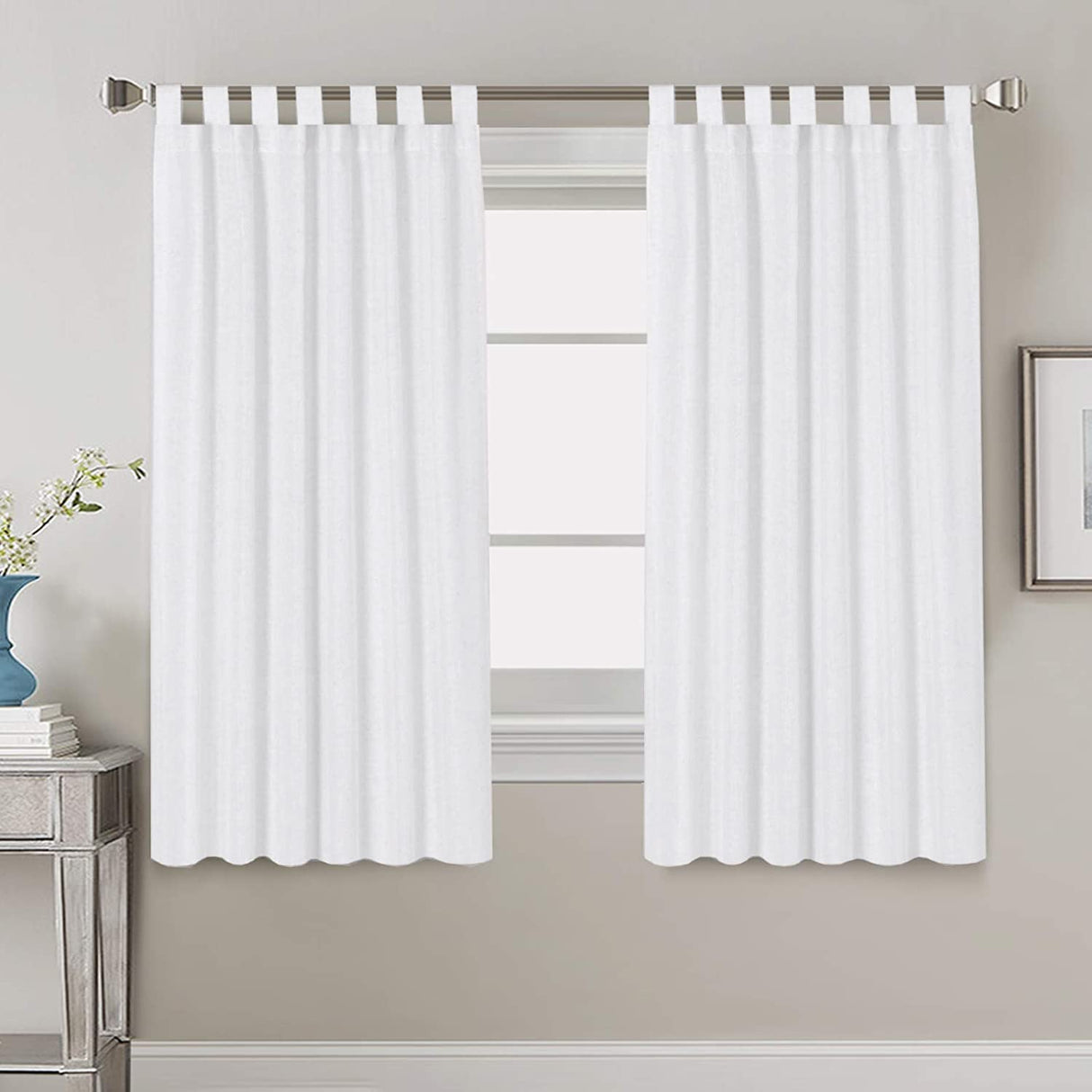 PrimeBeau Natural Linen Mix Tab Top Curtains, Light Filtering Panels (Set of 2)