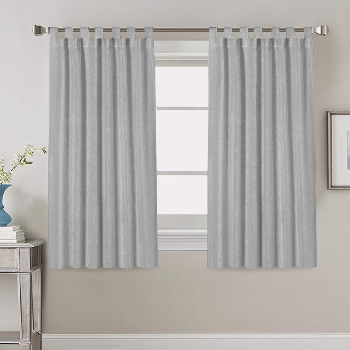 PrimeBeau Natural Linen Mix Tab Top Curtains, Light Filtering Panels (Set of 2)