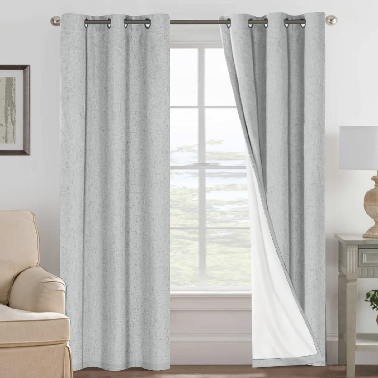 H.Versailtex Linen Blackout Thermal Insulated White Liner Grommet Top Small Window Curtains