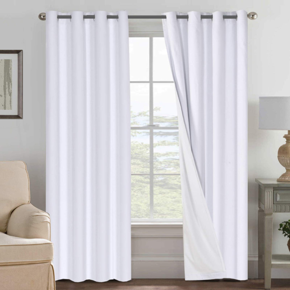 H.VERSAILTEX White Blackout Curtains, Thermal Curtains 96 inches Long 100% Blackout Textured Linen Look Curtain Draperies Anti-Rust Grommet Drapes with White Liner, 2 Panels, Bright White