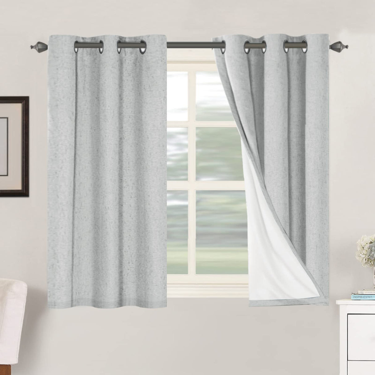 H.Versailtex Linen Blackout Thermal Insulated White Liner Grommet Top Small Window Curtains