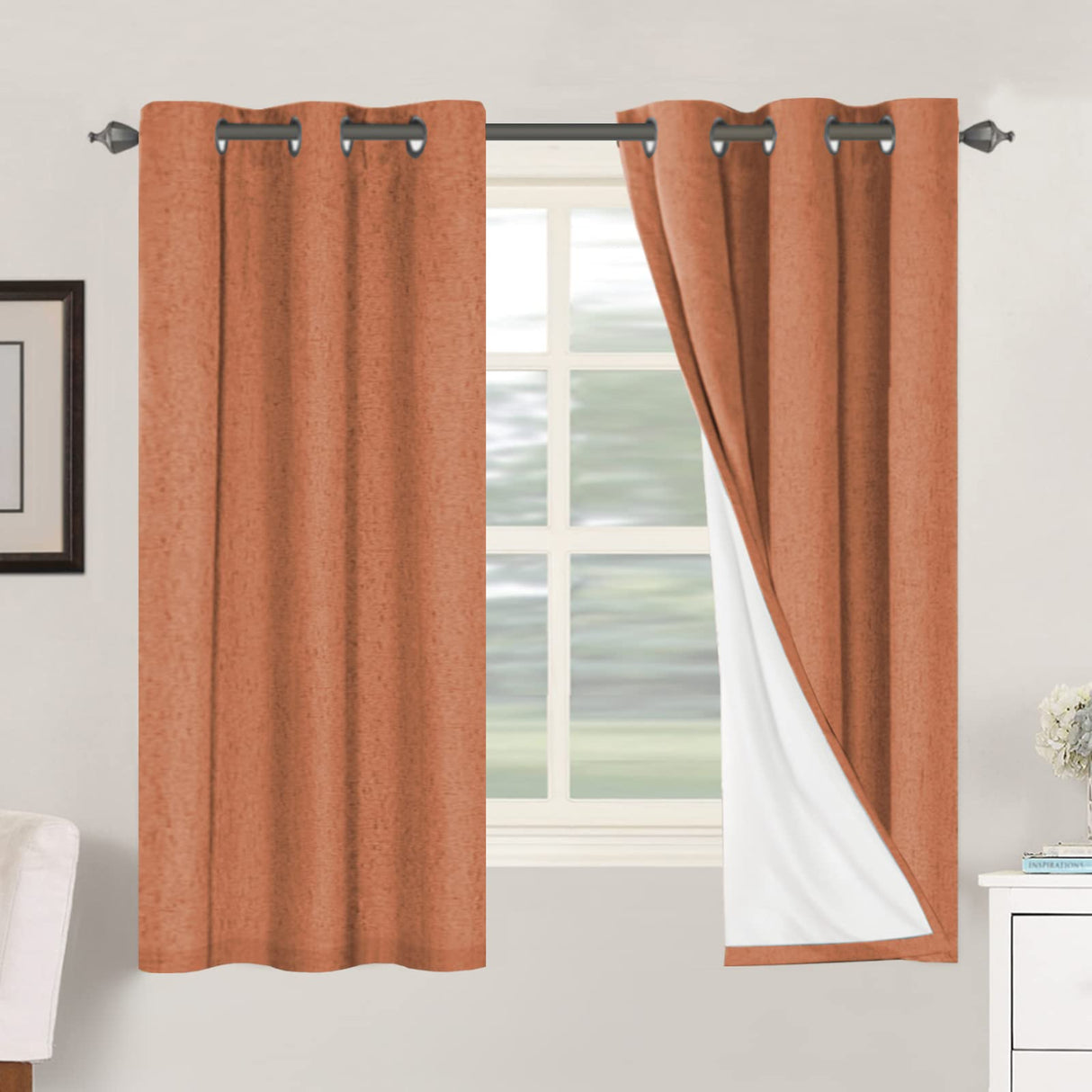 H.Versailtex Linen Blackout Thermal Insulated White Liner Grommet Top Small Window Curtains