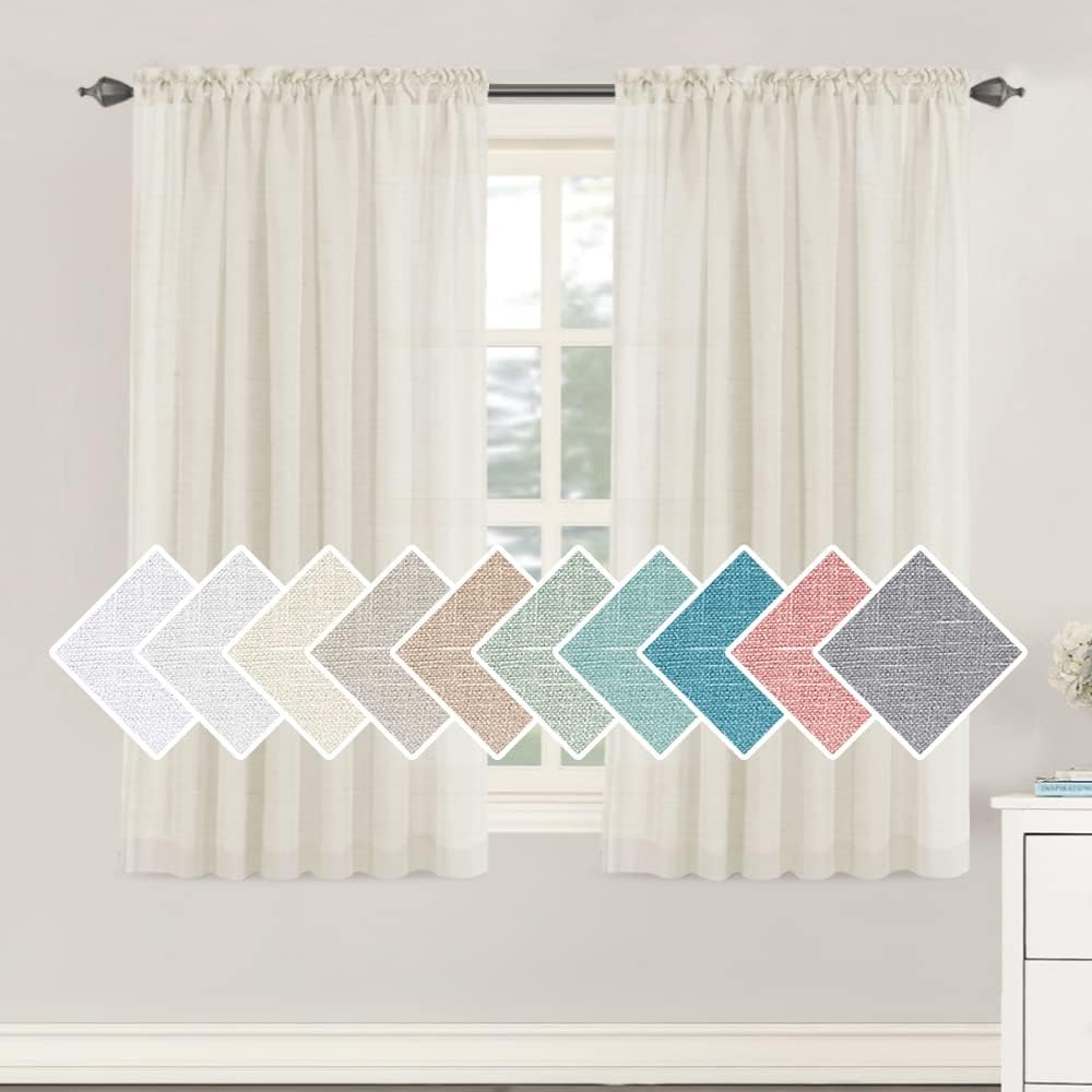 H.Versailtex Natural Linen Blended Curtains 63 Inches Length 2 Panels Textured Woven Linen Sheer Curtain Drapes for Living Room/Bedroom Light Filtering Rod Pocket Casual Draperies - Linen