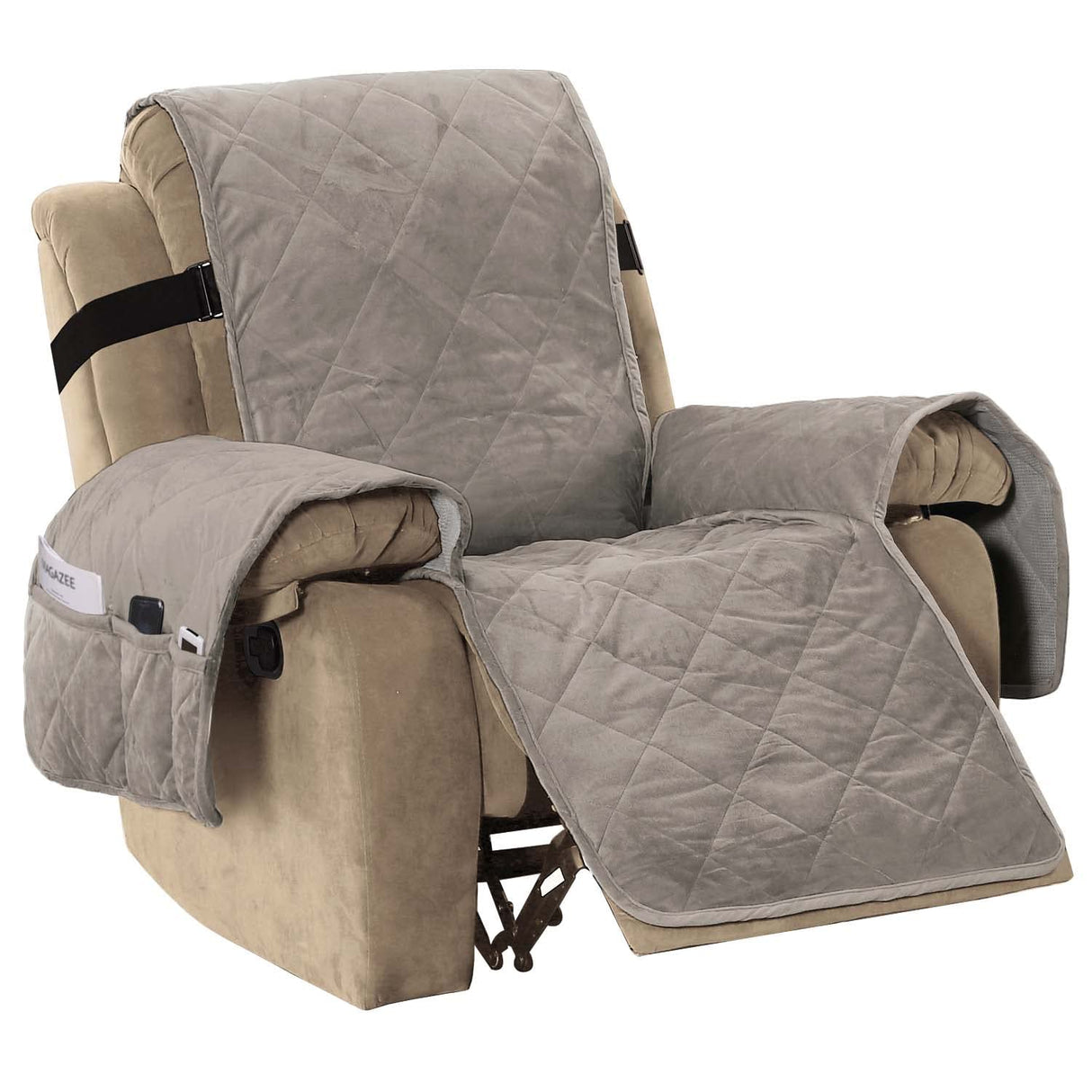 H.VERSAILTEX Thick Velvet Quilted Recliner Covers for Recliner Chair Covers Reclining Chair Slipcover Recliner Couch Cover with Non Slip Backing and Wider Elastic Strap (Oversaized Recliner, Grey)