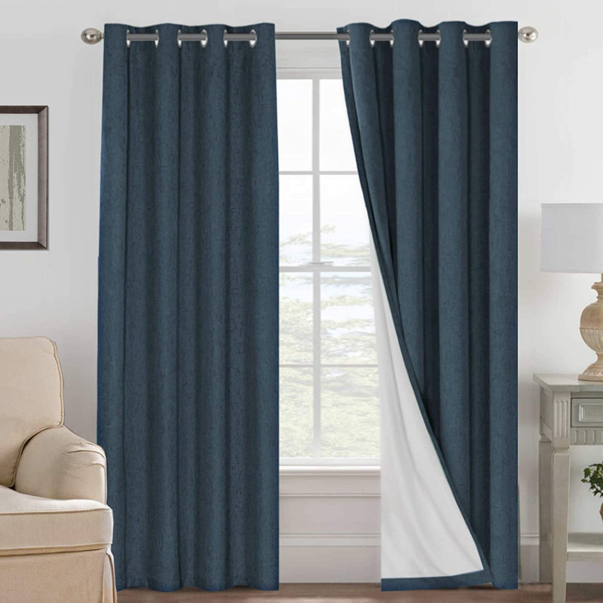 H.VERSAILTEX Linen Blackout Curtains 96 Inches Long 100% Absolutely Blackout Thermal Insulated Textured Linen Look Curtain Draperies Anti-Rust Grommet, Energy Saving with White Liner, 2 Panels, Navy