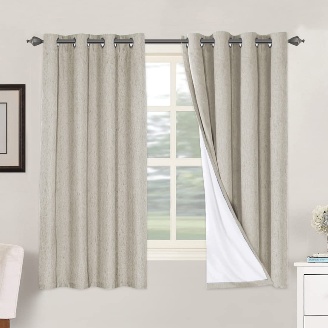 PrimeBeau 100% Blackout Linen Mixed Curtains, set of 2 Panels, 52 Series Short