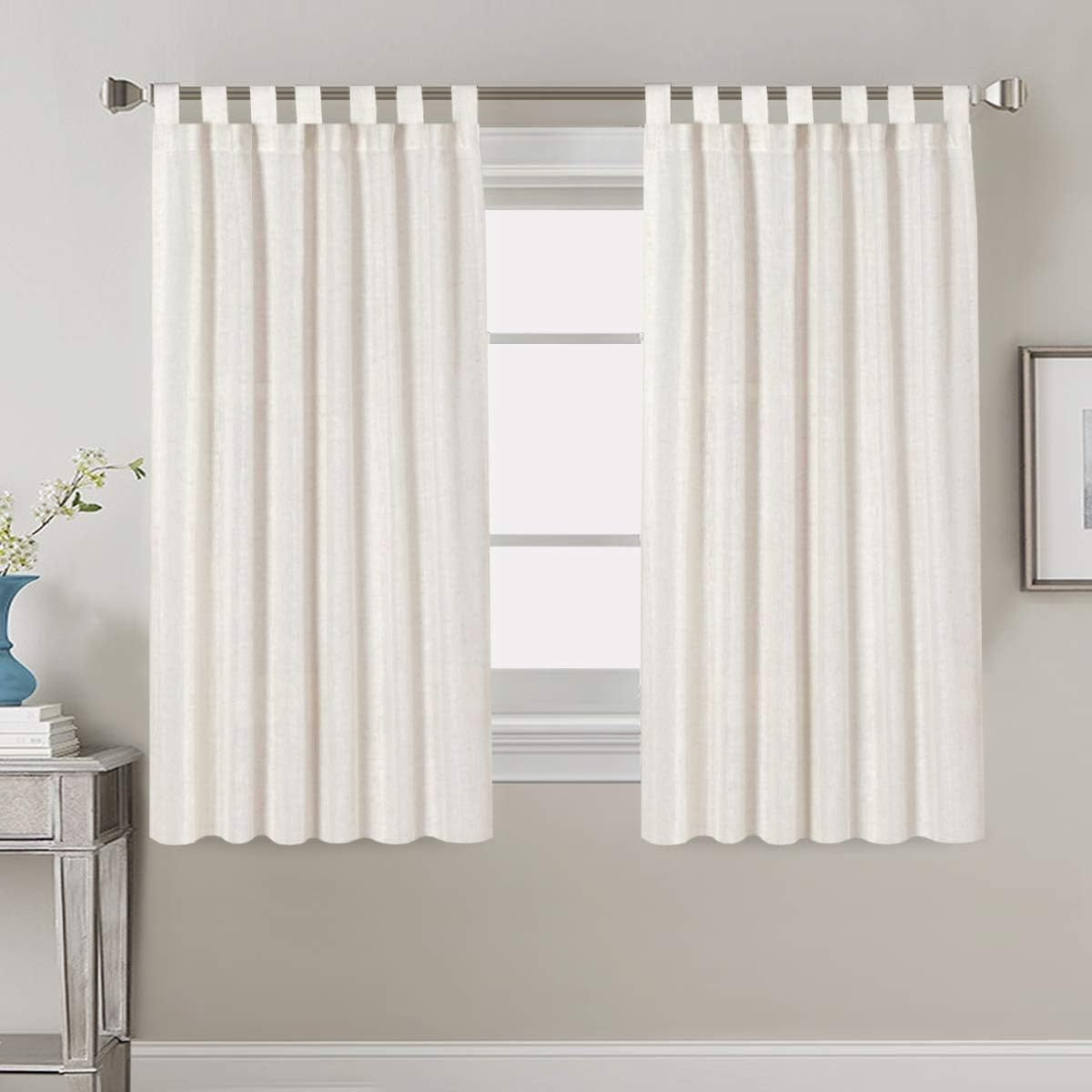 PrimeBeau Natural Linen Mix Tab Top Curtains, Light Filtering Panels (Set of 2)