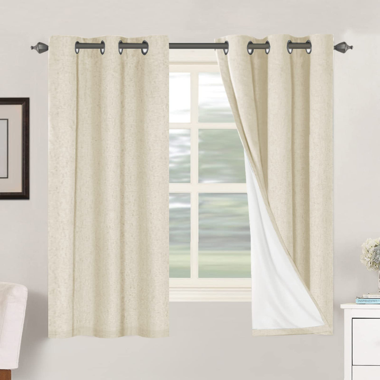 H.Versailtex Linen Blackout Thermal Insulated White Liner Grommet Top Small Window Curtains