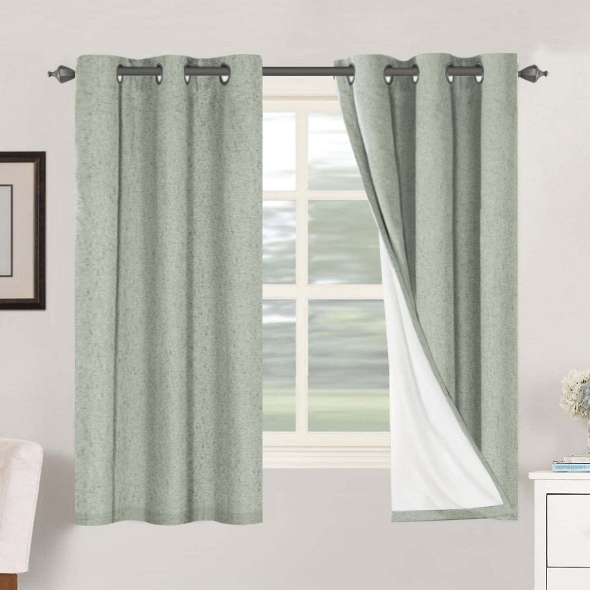 H.VERSAILTEX Primitive Linen Curtains 100% Blackout Curtain Drapes Burlap Fabric Curtains with White Thermal Insulated Liner, Grommet Top Curtains Living Room/Bedroom (2 Panels, 42 x 63 Inch, Sage)
