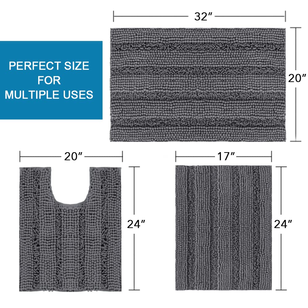 PrimeBeau 3 Piece Thick Striped Bathroom Rugs Set Non Slip Absorbent Soft Bath Mat (17''x24''+20''x32''+20''x24'' U-Shaped)