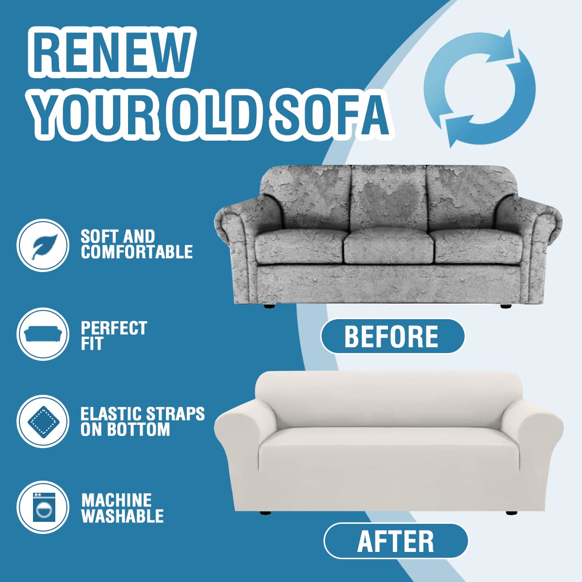 PrimeBeau 2023 Version Sofa Cover 1-Piece Stretch Couch Covers for 3 and 4 Cushions Couch Sofa Cover Spandex Non Slip Soft Form Fit Furniture Protector with Elastic Bottom