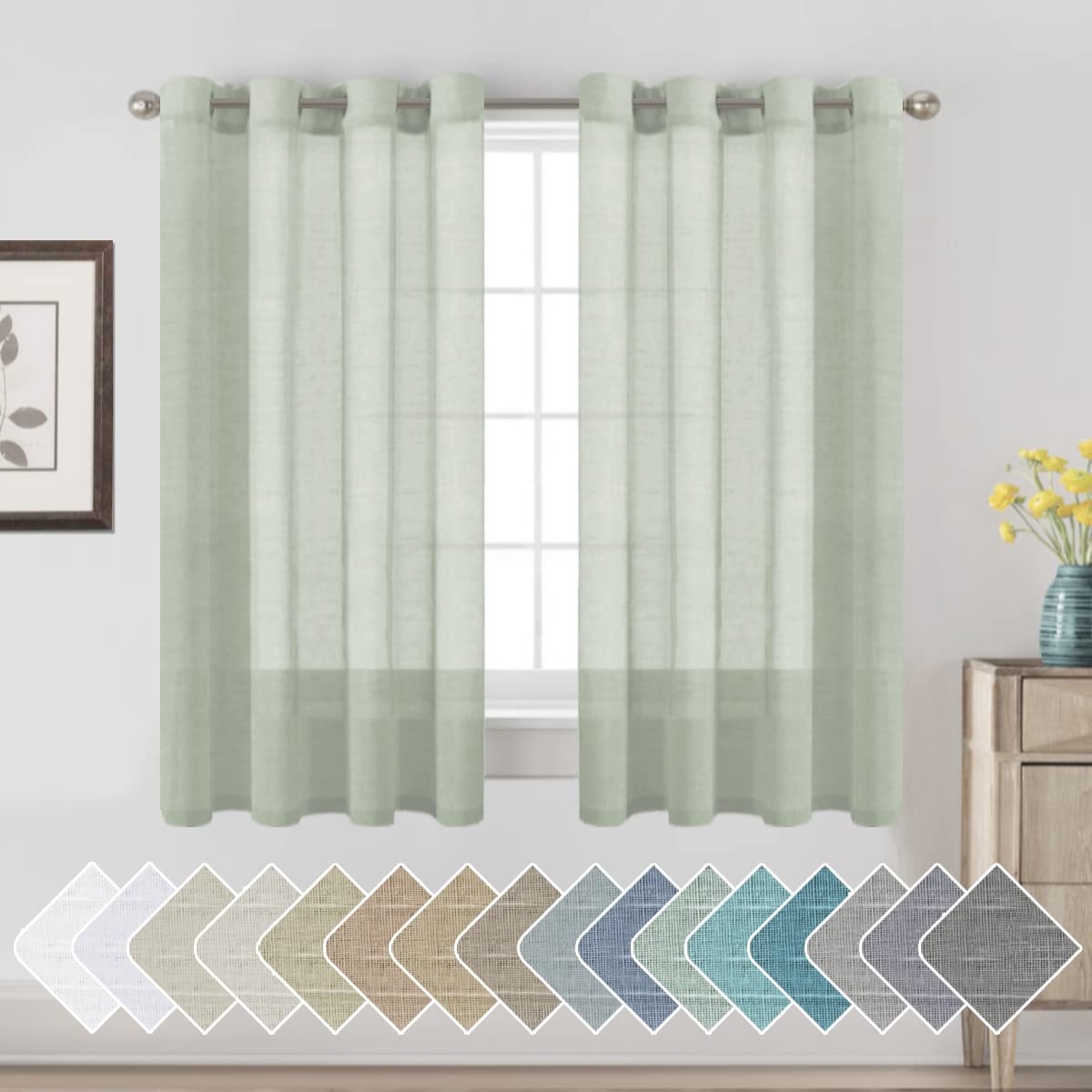 PrimeBeau Faux Linen Semi-Sheer Curtains - Set of 2 Panels, 52 Series Medium Length