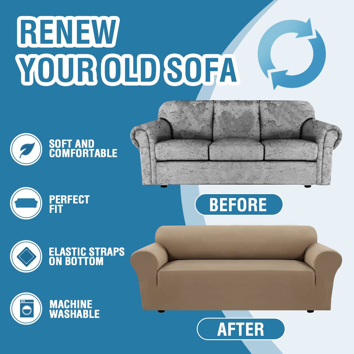 PrimeBeau 2023 Version Sofa Cover 1-Piece Stretch Couch Covers for 3 and 4 Cushions Couch Sofa Cover Spandex Non Slip Soft Form Fit Furniture Protector with Elastic Bottom