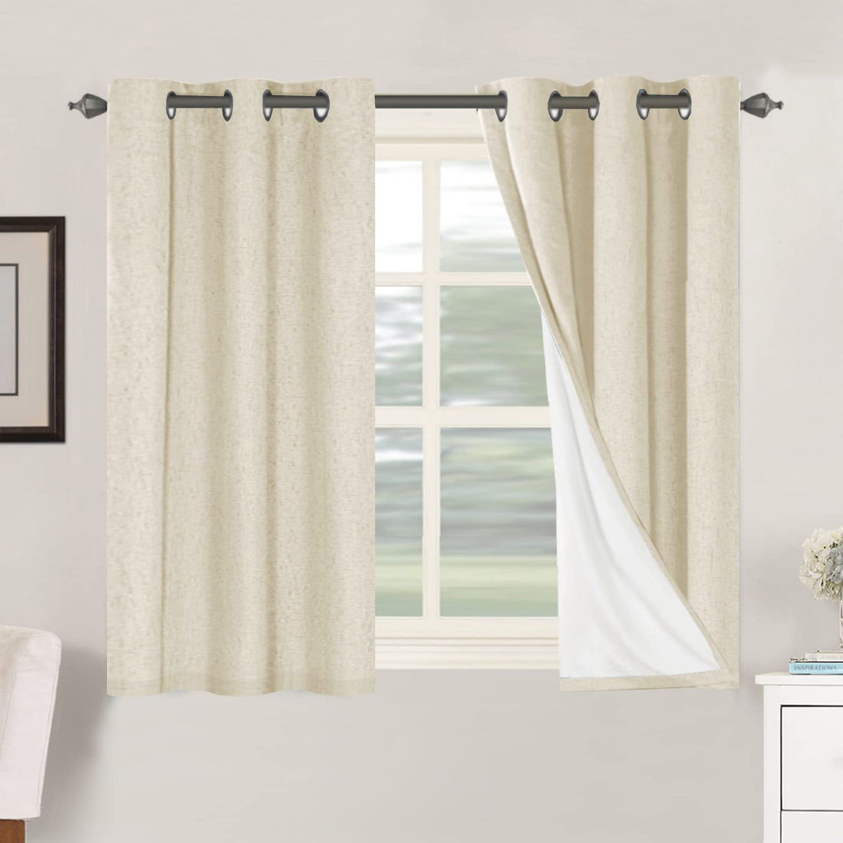 H.Versailtex Linen Blackout Thermal Insulated White Liner Grommet Top Small Window Curtains