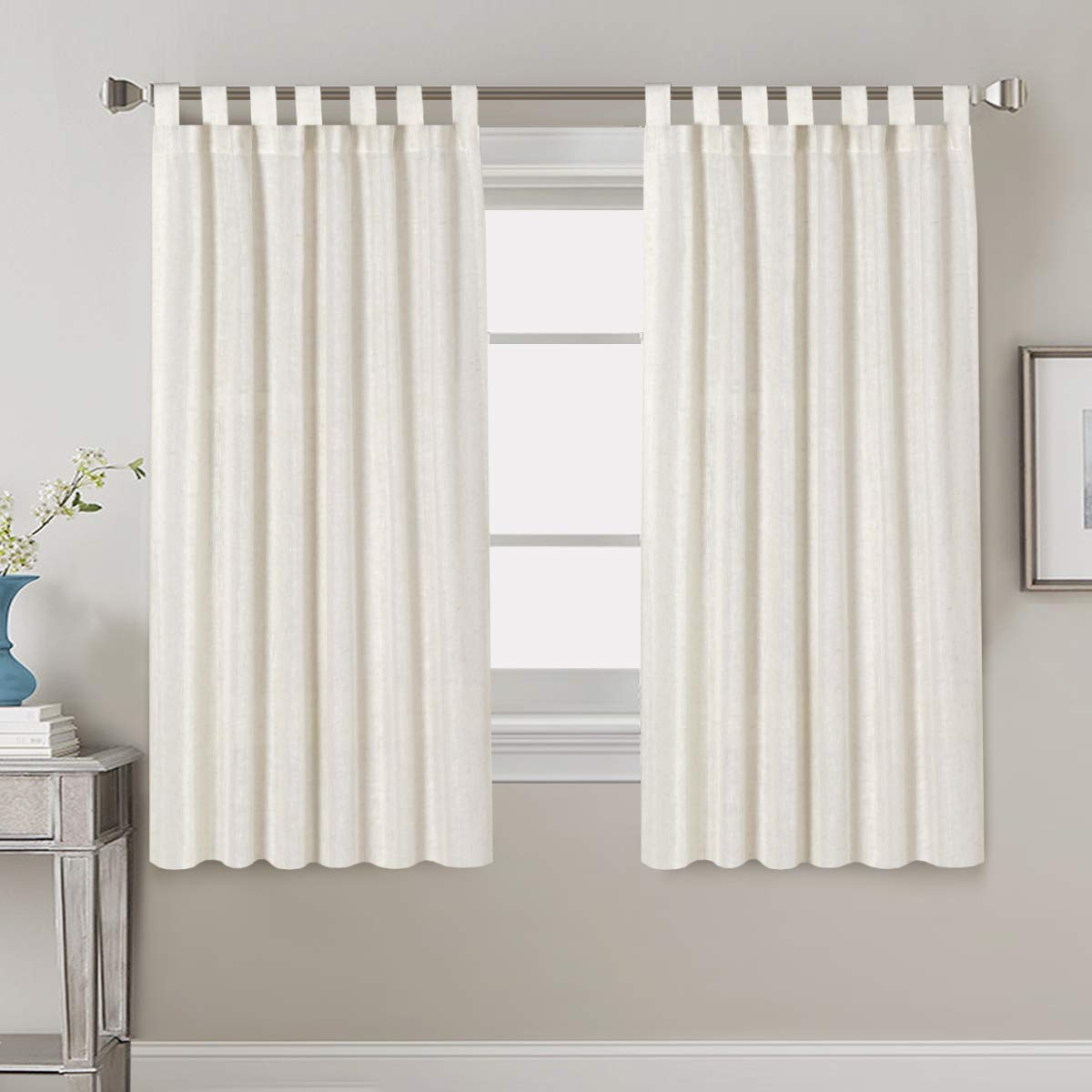 PrimeBeau Natural Linen Mix Tab Top Curtains, Light Filtering Panels (Set of 2)