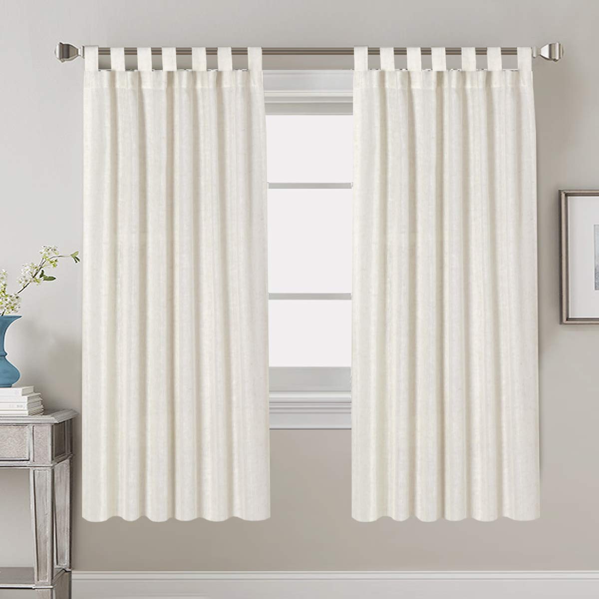 PrimeBeau Natural Linen Mix Tab Top Curtains, Light Filtering Panels (Set of 2)
