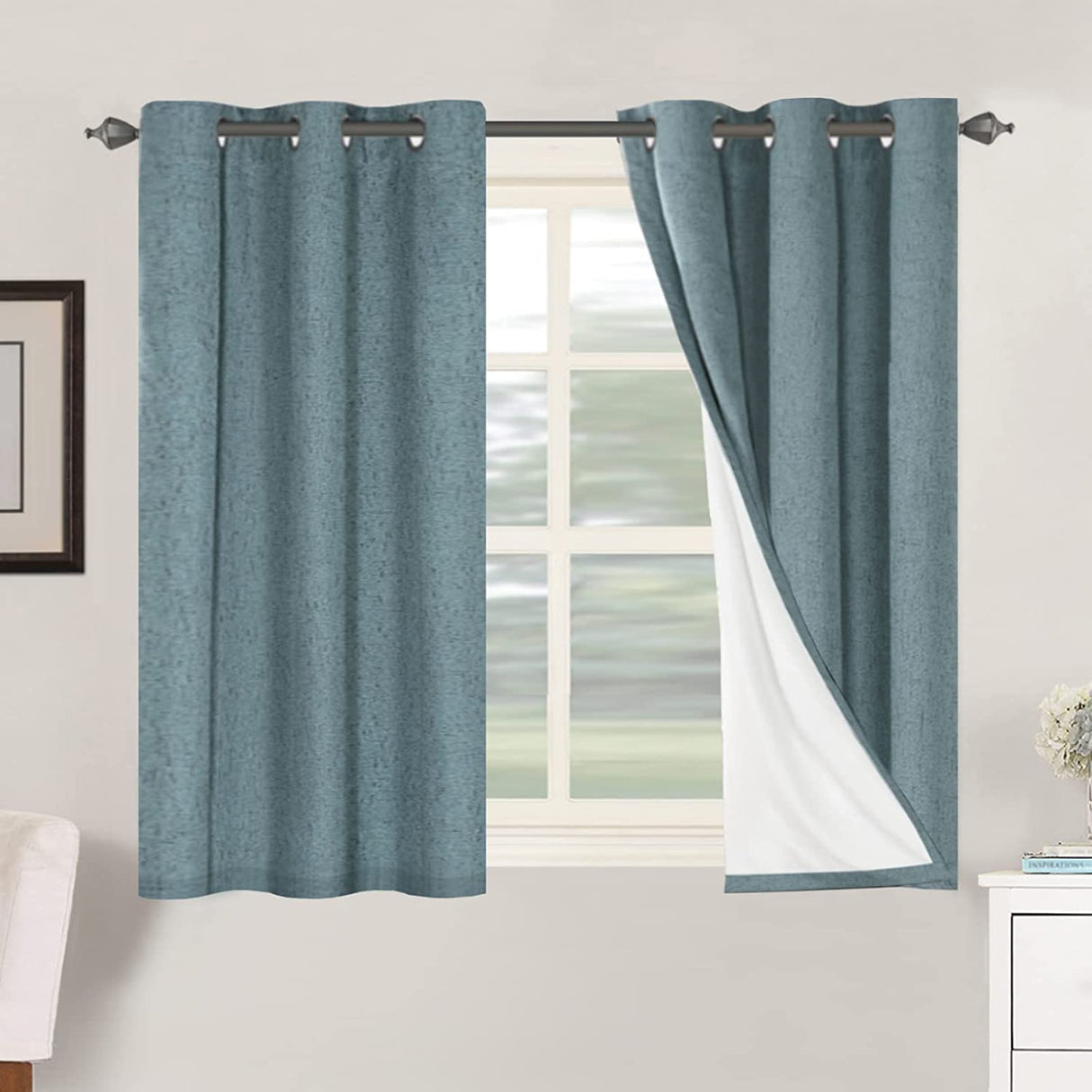 Primitive Linen Curtains 100% Blackout Curtain Drapes Burlap Fabric Curtains with White Thermal Insulated Liner, Grommet Top Curtains Living Room/Bedroom (2 Panels, 42 x 45 Inch, Stone Blue)