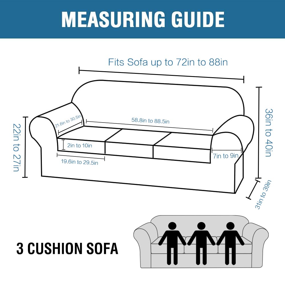 H.VERSAILTEX 4 Piece Stretch Sofa Covers for 3 Cushion Couch Covers for Living Room Furniture Slipcovers (Base Cover Plus 3 Seat Cushion Covers) Upgraded Thicker Jacquard Fabric (Sofa, Grey)