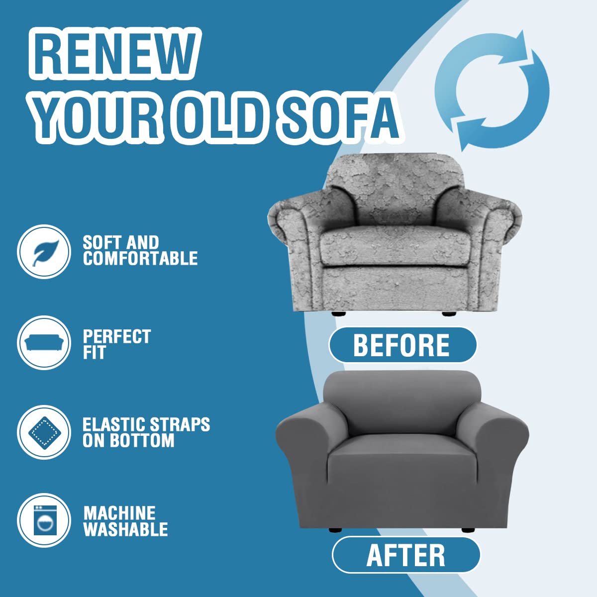 PrimeBeau 2023 Version Armchair Cover 1-Piece Stretch Couch Covers for 1 Cushion Couch Sofa Cover Spandex Non Slip Soft Form Fit Furniture Protector with Elastic Bottom