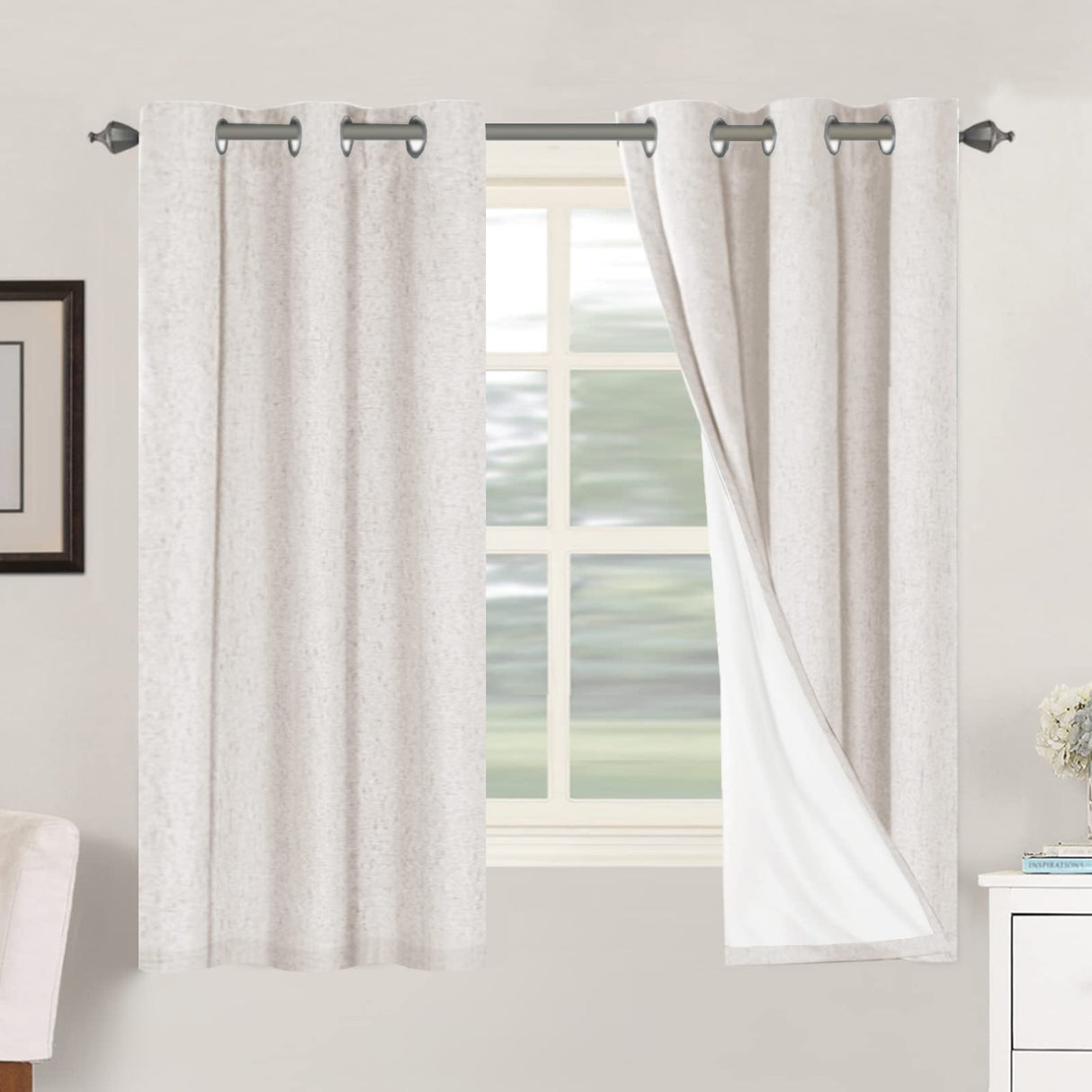 H.Versailtex Linen Blackout Thermal Insulated White Liner Grommet Top Small Window Curtains