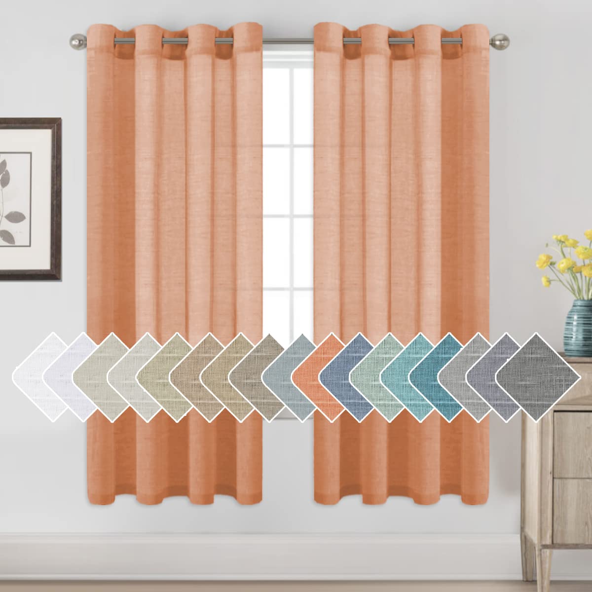 PrimeBeau Faux Linen Semi-Sheer Curtains - Set of 2 Panels, 52 Series Medium Length