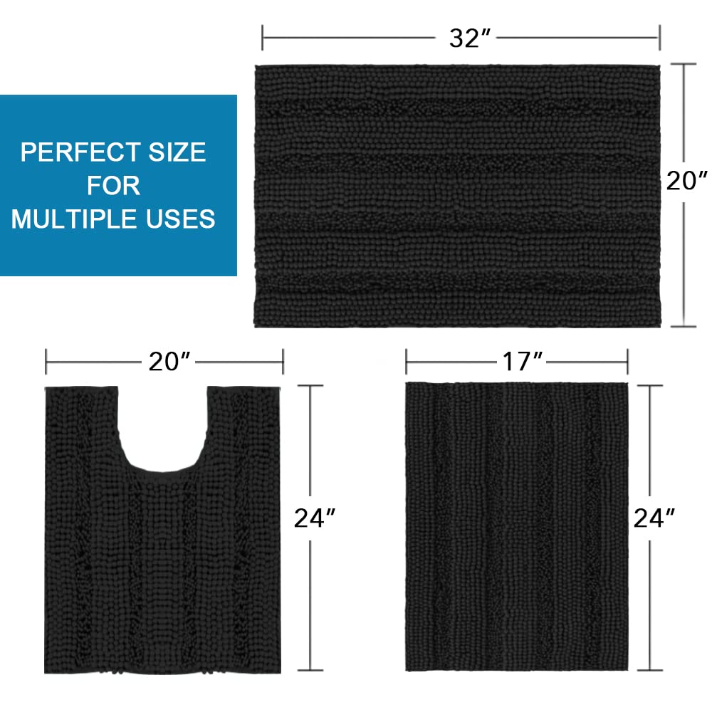 PrimeBeau 3 Piece Thick Striped Bathroom Rugs Set Non Slip Absorbent Soft Bath Mat (17''x24''+20''x32''+20''x24'' U-Shaped)