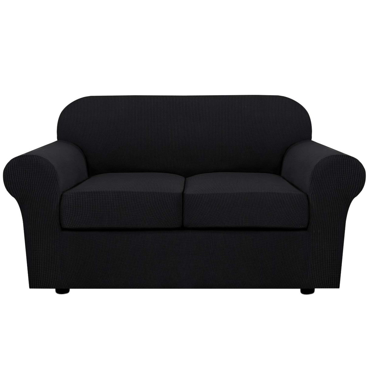 H.VERSAILTEX 3 Piece Stretch Sofa Covers for 2 Cushion Loveseat Couch Covers for Living Room Furniture Cover (Base Cover Plus 2 Seat Cushion Covers) Thicker Jacquard Fabric(Medium Sofa, Black)