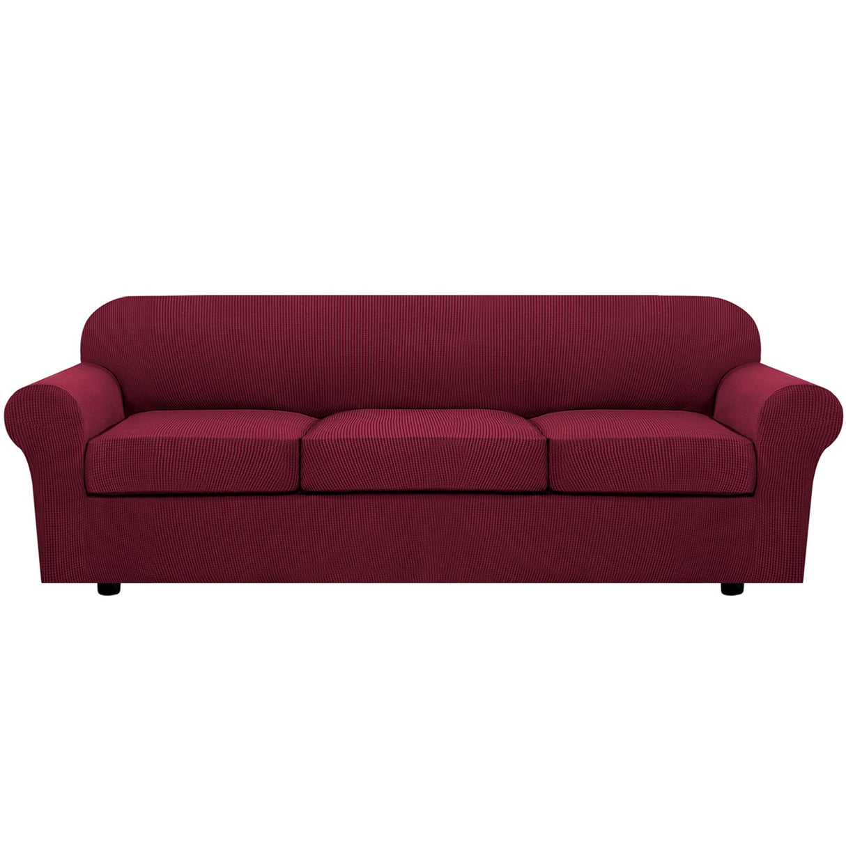 H.VERSAILTEX 4 Piece Stretch Sofa Covers for 3 Cushion Couch Covers for Living Room Furniture Slipcovers (Base Cover Plus 3 Seat Cushion Covers) Upgraded Thicker Jacquard Fabric (XL Sofa, Burgundy)