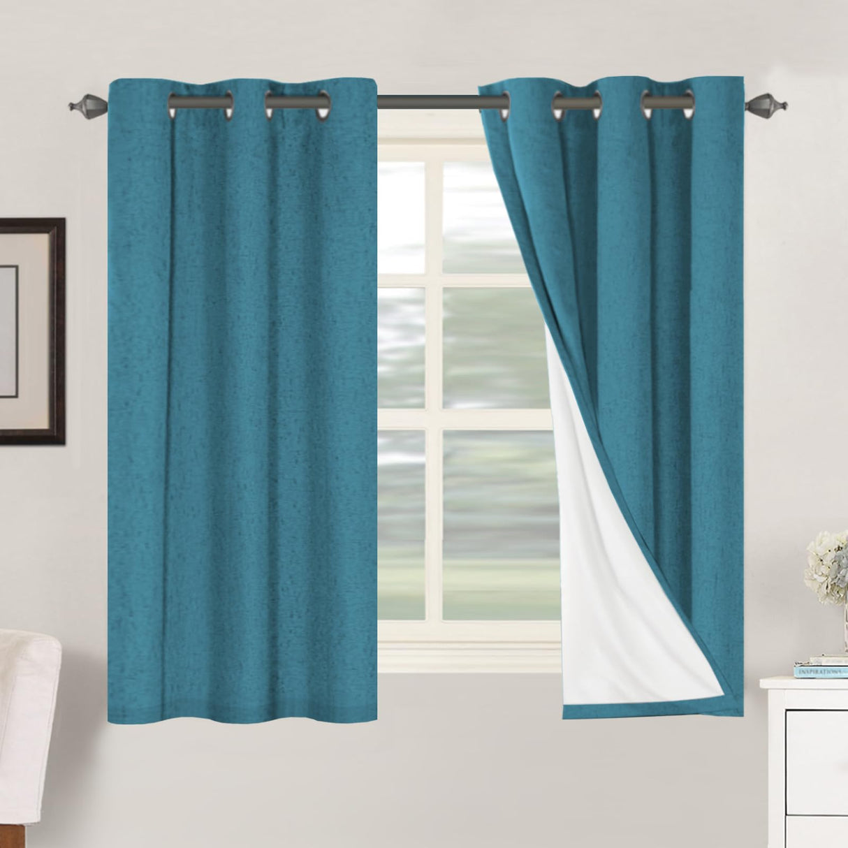 H.Versailtex Linen Blackout Thermal Insulated White Liner Grommet Top Small Window Curtains