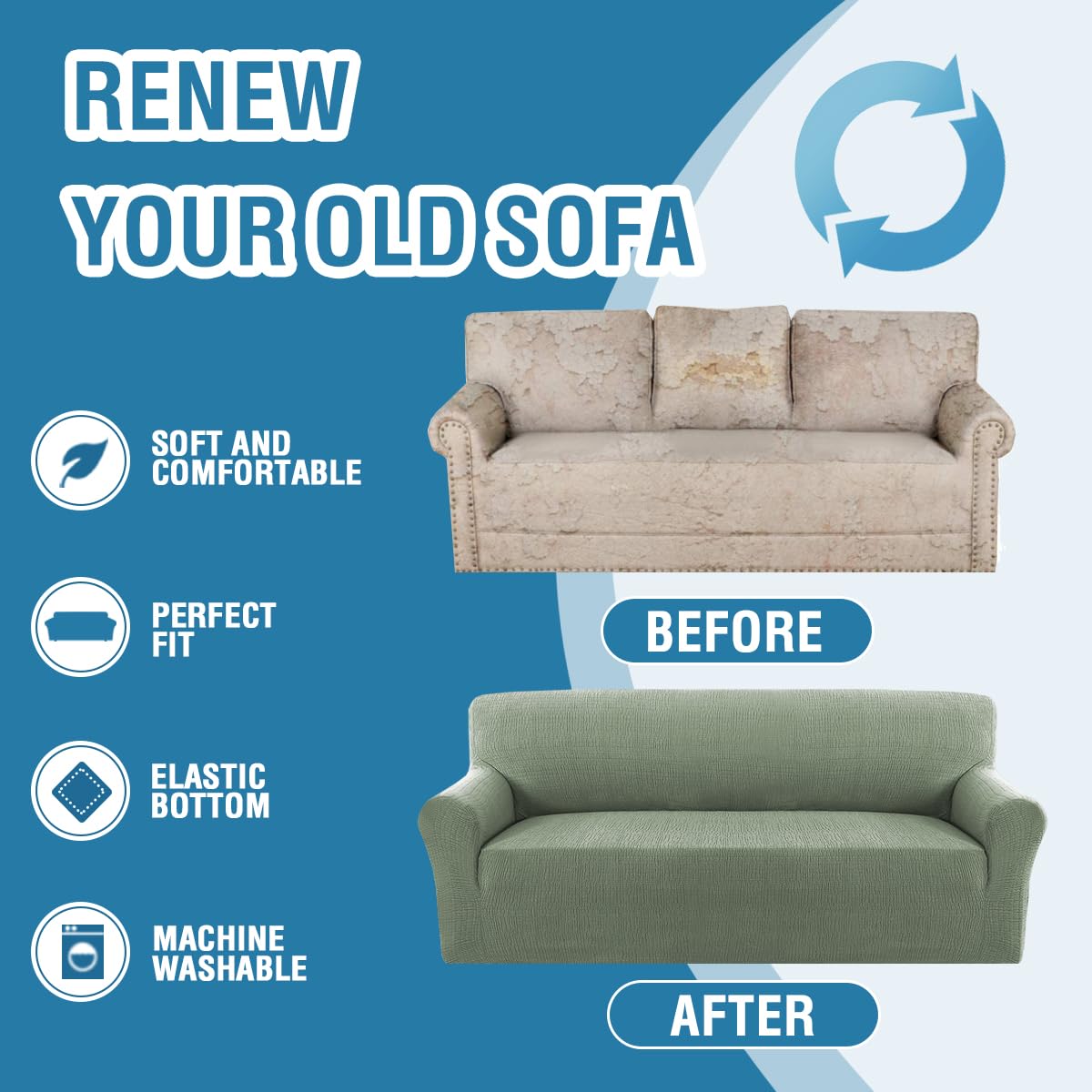 H.VERSAILTEX 2024 Newest Jacquard Couch Covers for 3 Cushion Couch 1 Piece Stretch Sofa Covers Furniture Protector Anti-Slip Soft Thickened Dogs Slipcovers Washable Crizzle Pattern(Sofa, Sea Grass)