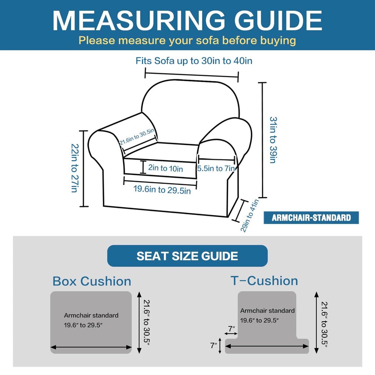 PrimeBeau 2 Pieces Chair Covers for Armchair &Oversize Armchair Covers for Living Room Furniture Cover Suit for T Cushion/Box Cushion, Spandex Jacquard Fabric Small Checks