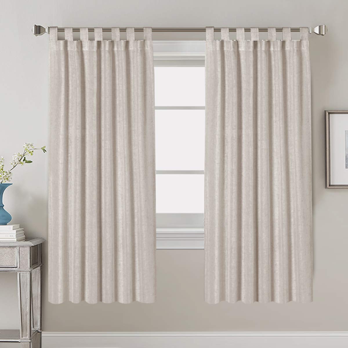 PrimeBeau Natural Linen Mix Tab Top Curtains, Light Filtering Panels (Set of 2)