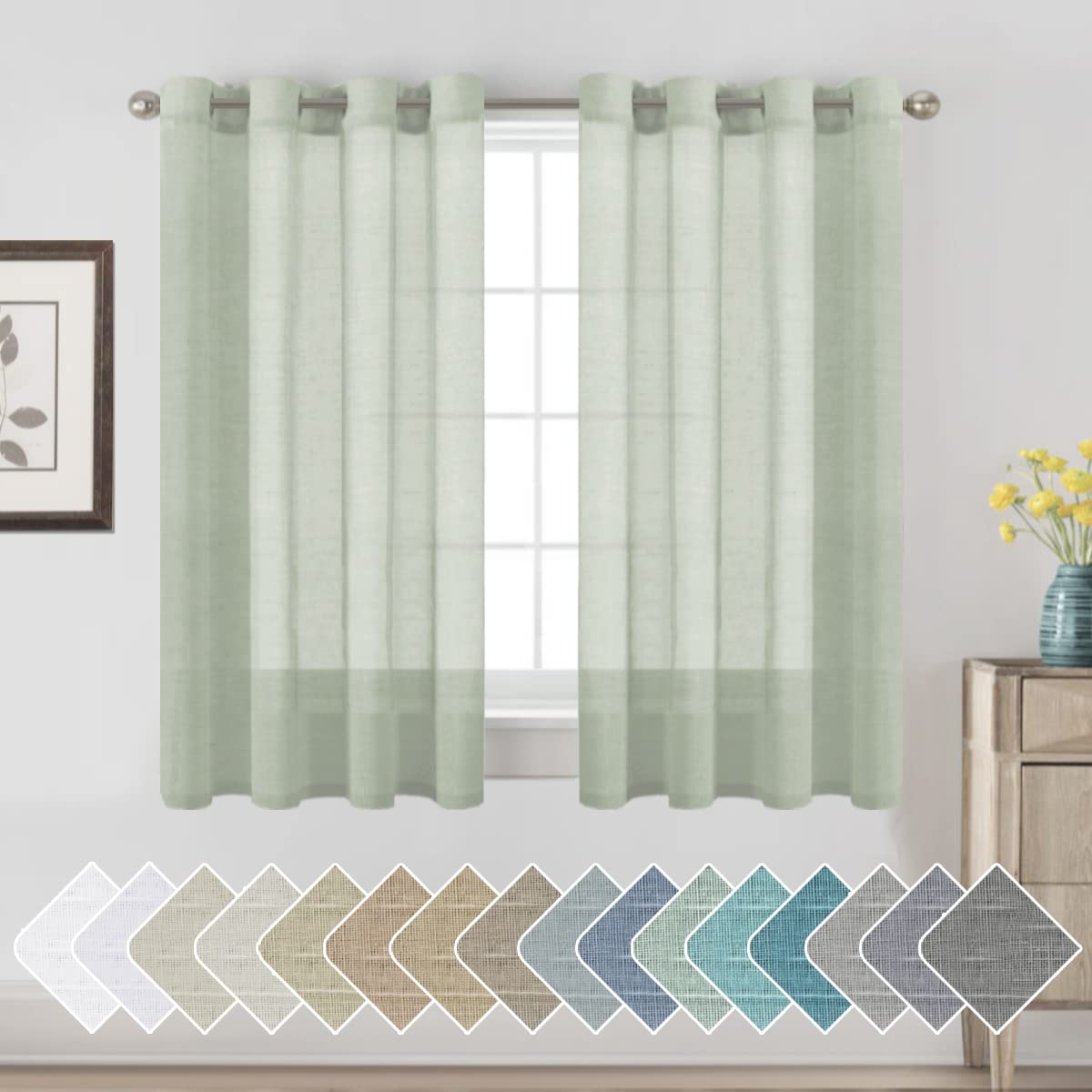 PrimeBeau Faux Linen Semi-Sheer Curtains - Set of 2 Panels, 52 Series Medium Length