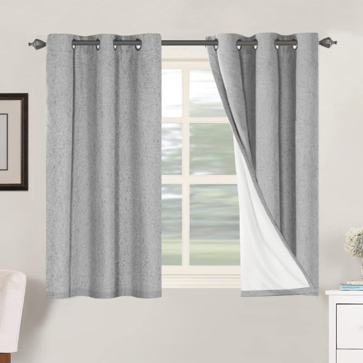 Primitive Linen Curtains 100% Blackout Curtain Drapes Burlap Fabric Curtains with White Thermal Insulated Liner, Grommet Top Curtains Living Room/Bedroom (2 Panels, 42 x 45 Inch, Dove Gray)