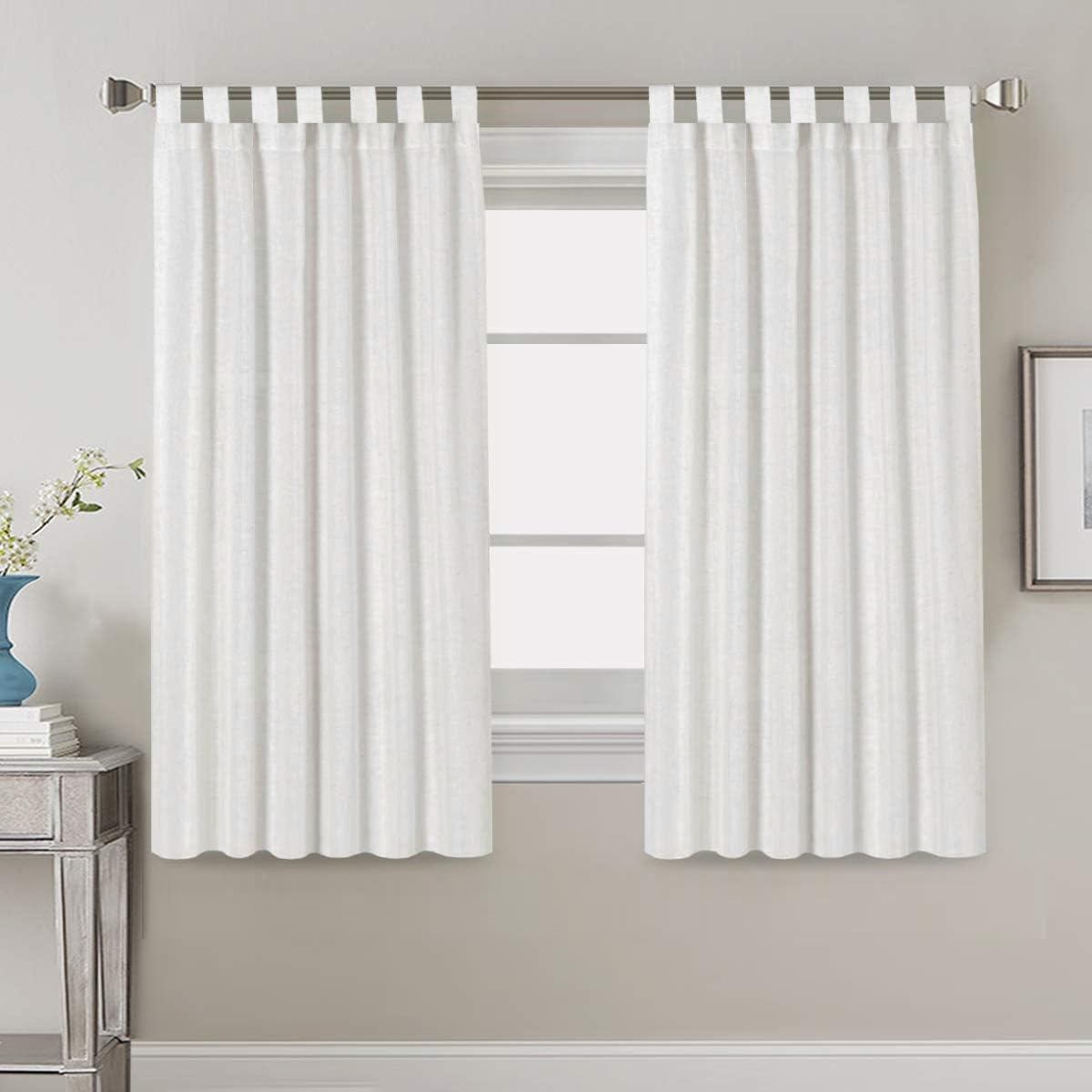 PrimeBeau Natural Linen Mix Tab Top Curtains, Light Filtering Panels (Set of 2)