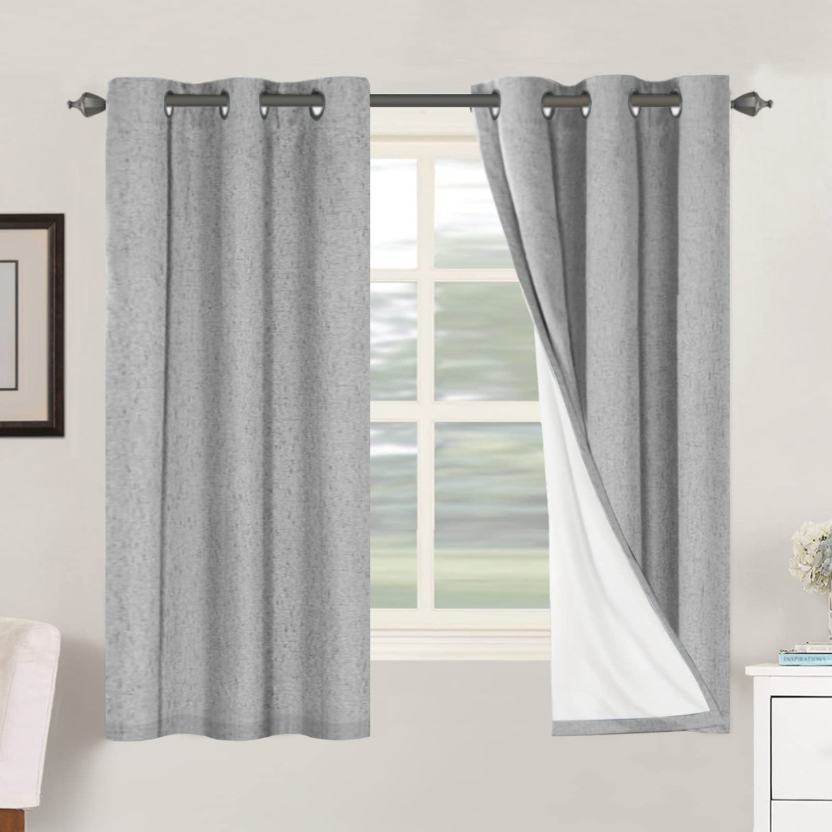 H.Versailtex Linen Blackout Thermal Insulated White Liner Grommet Top Small Window Curtains