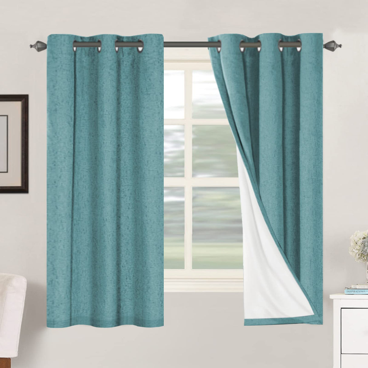 H.VERSAILTEX Primitive Linen Curtains 100% Blackout Curtain Drapes Burlap Fabric Curtains with White Thermal Insulated Liner, Grommet Top Curtains Living Room/Bedroom (2 Panels, 42 x 63 Inch, Teal)