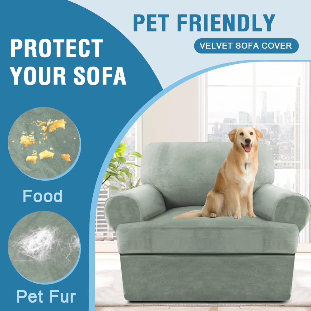 PrimeBeau 2 Piece Armchair Slipcovers Thick Velvet Couch Cover Furniture Protector Stretch Sofa Covers for 1 Cushion Couch with 1 Individual T Cushion Covers Washable